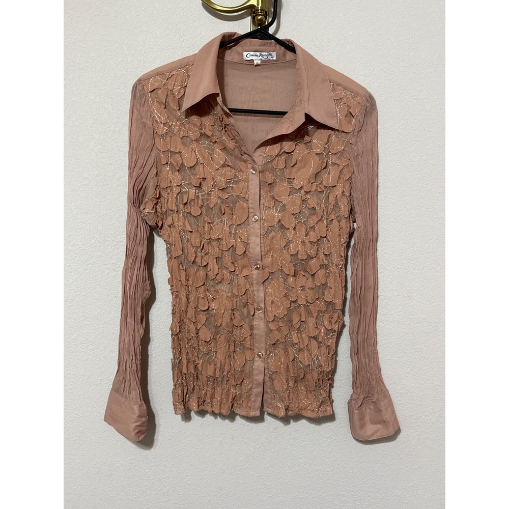 Claudia Richard Blouse Womens XL Pink Floral Mesh Crinkle Y2K Fairycore Top